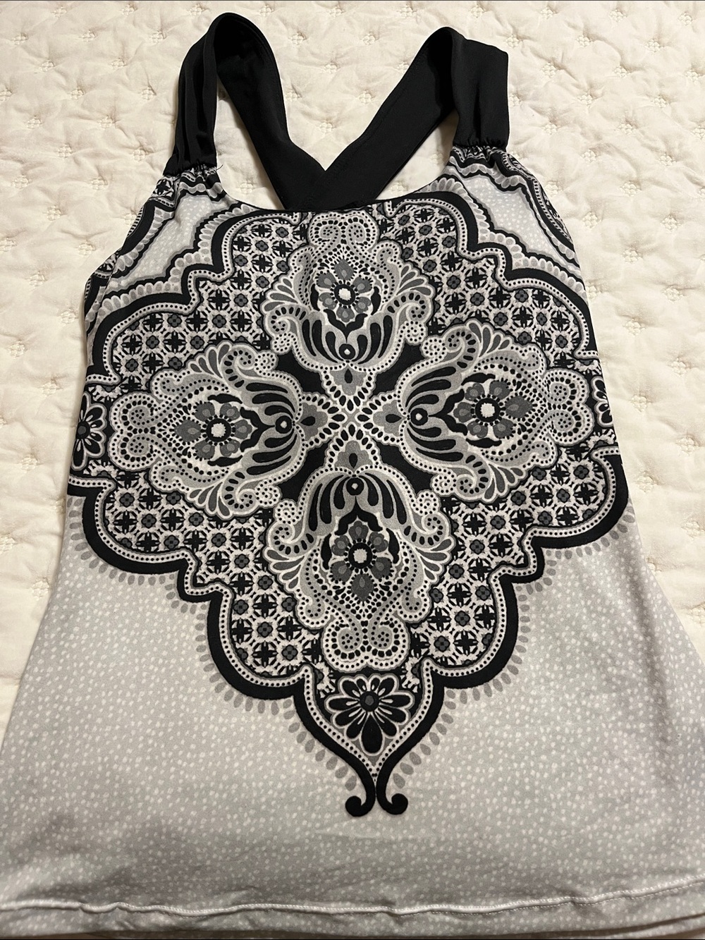 Prana Black and White Printed Tank with Crossback Straps